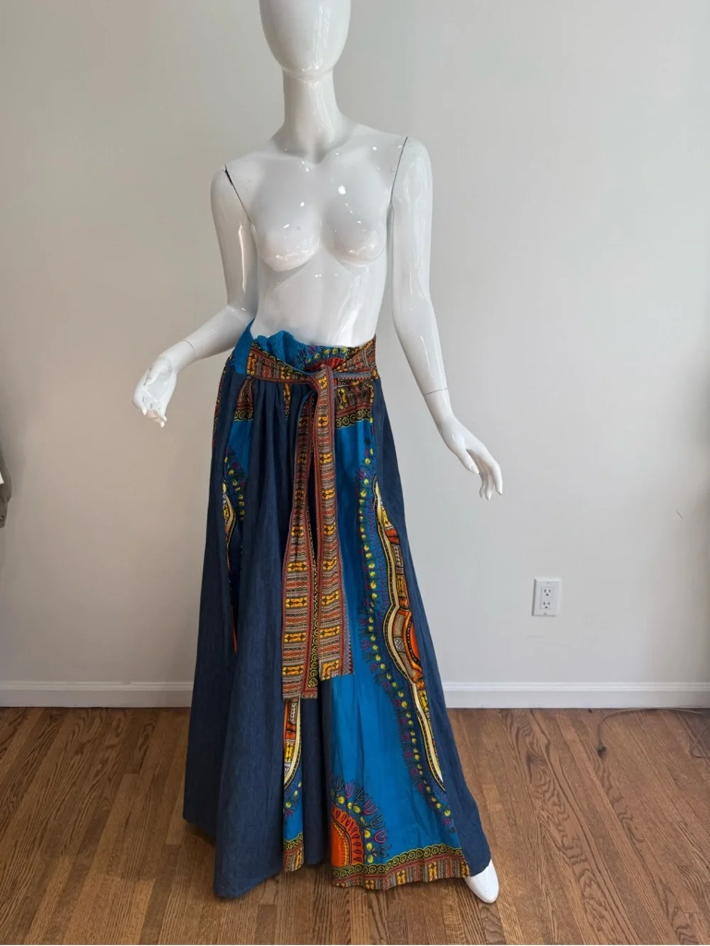 NWT Vintage Patchwork Full Length Denim Circle Hippie Festival Artsy Skirt Gypsy